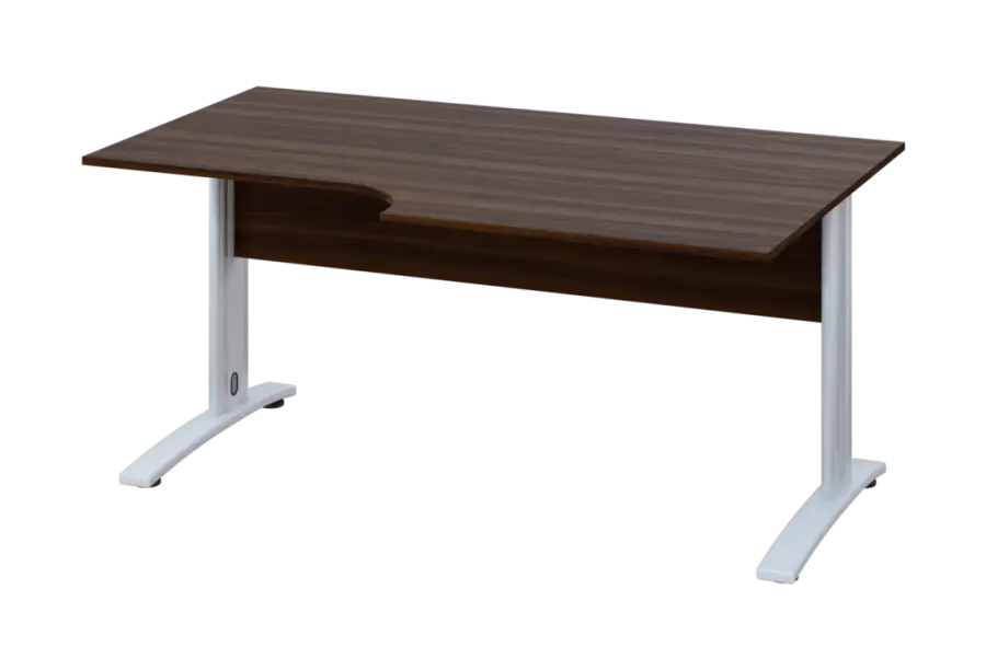 ERK 18 - 168 stůl kancelářský, rohový, pravý, kovová podnož bílá, deska 18 mm, široký 1600 mm, ořech královský